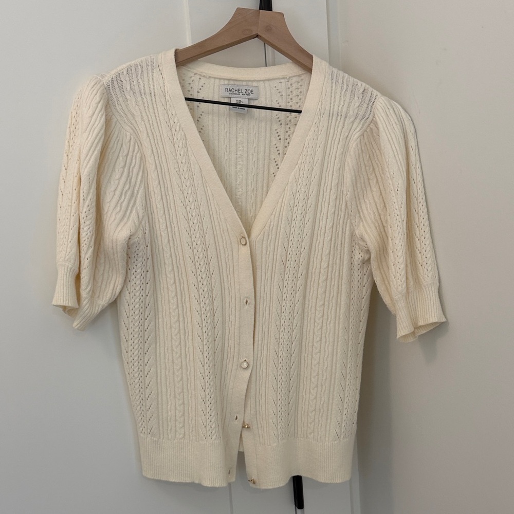 Rachel Zoe Ivory Cable Knit V-Neck Button Cardigan
